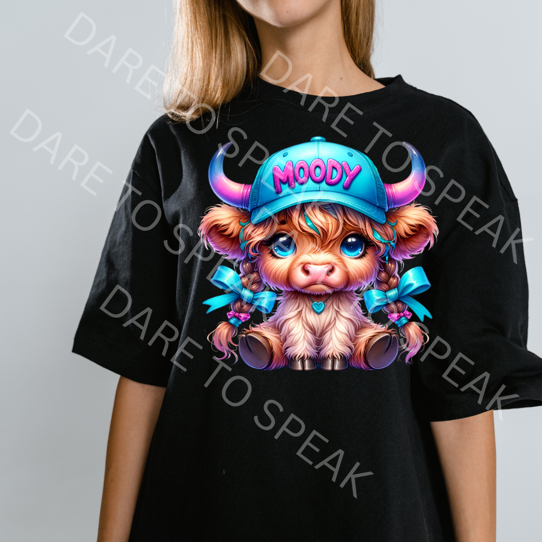 Moody Highland Cow Blue T-shirt mockup