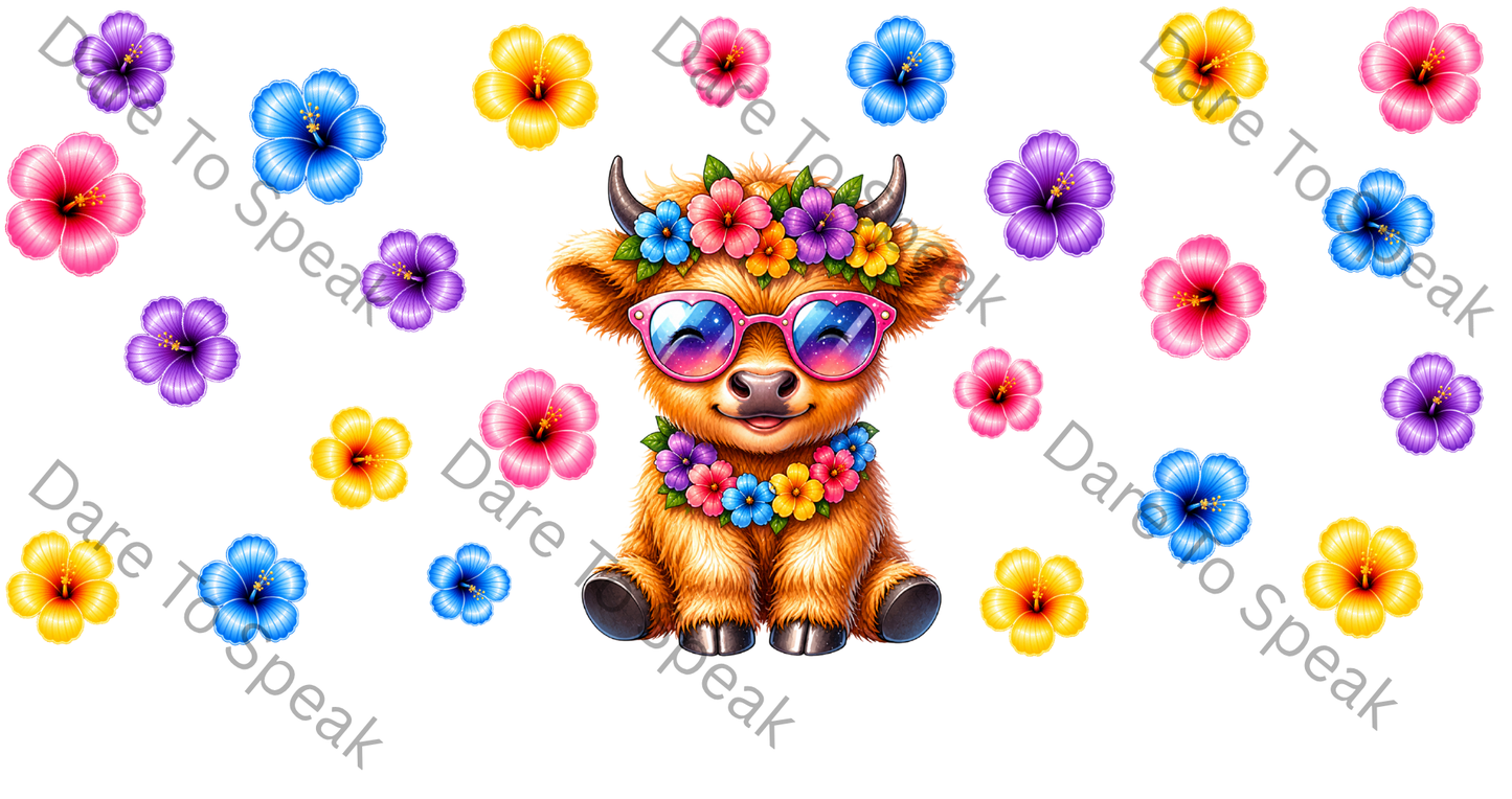 Highland cow and colorful flowers