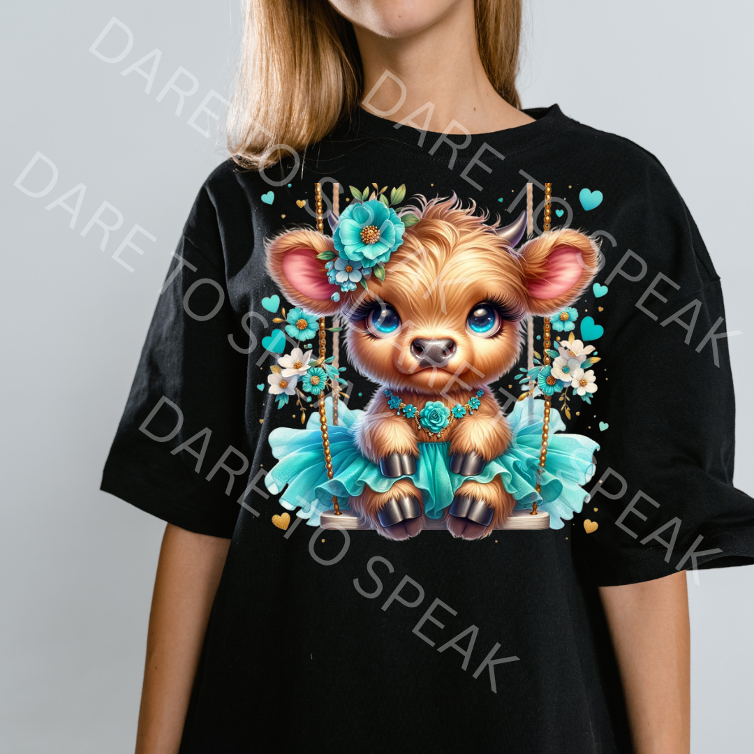 Floral Highland Cow Blue T-shirt mockup