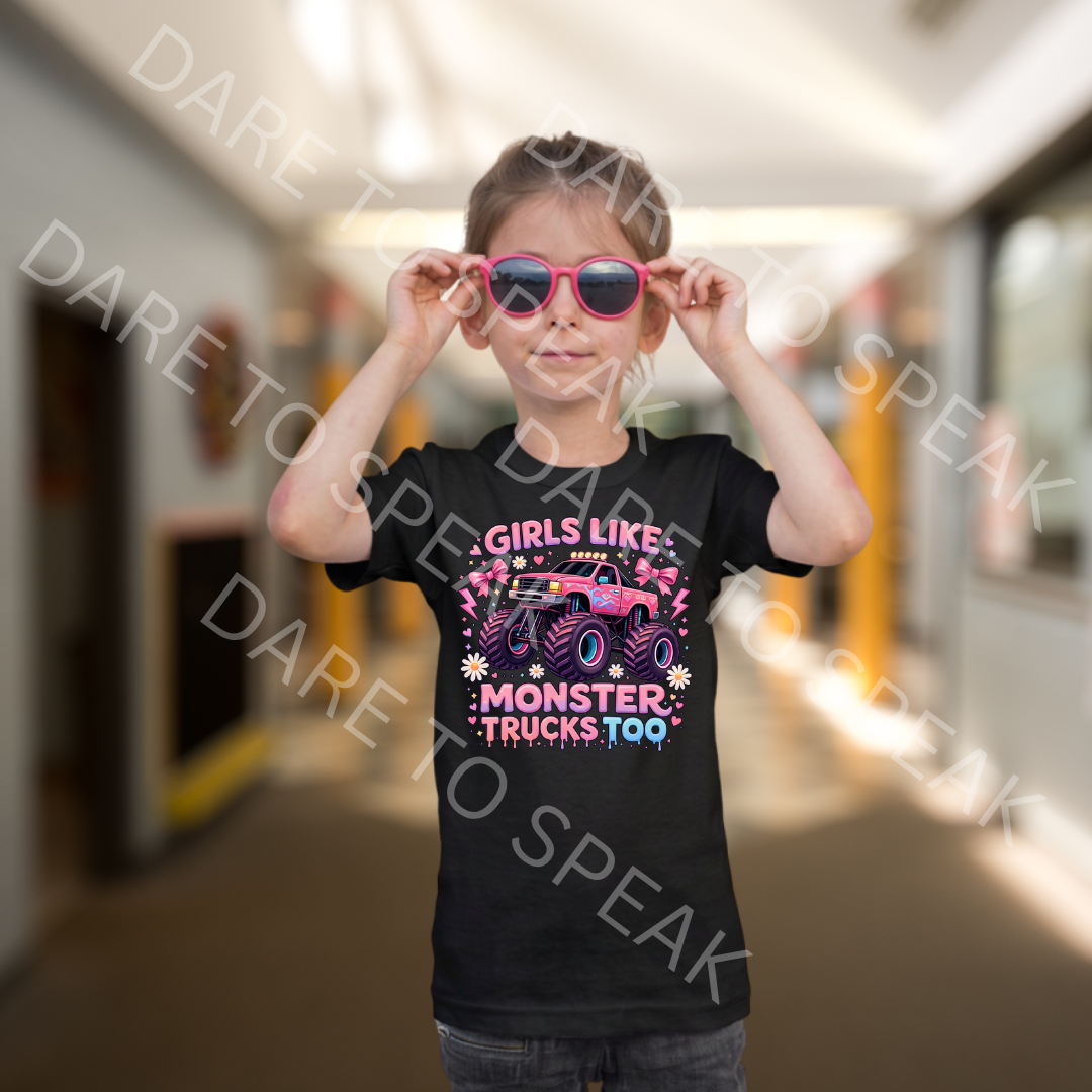 Girls Like Monster Trucks Too T-shirt mockup