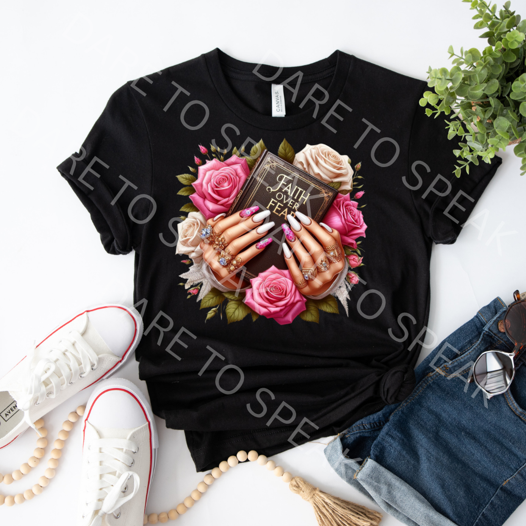 Faith Over Fear Pink Roses T-shirt mockup