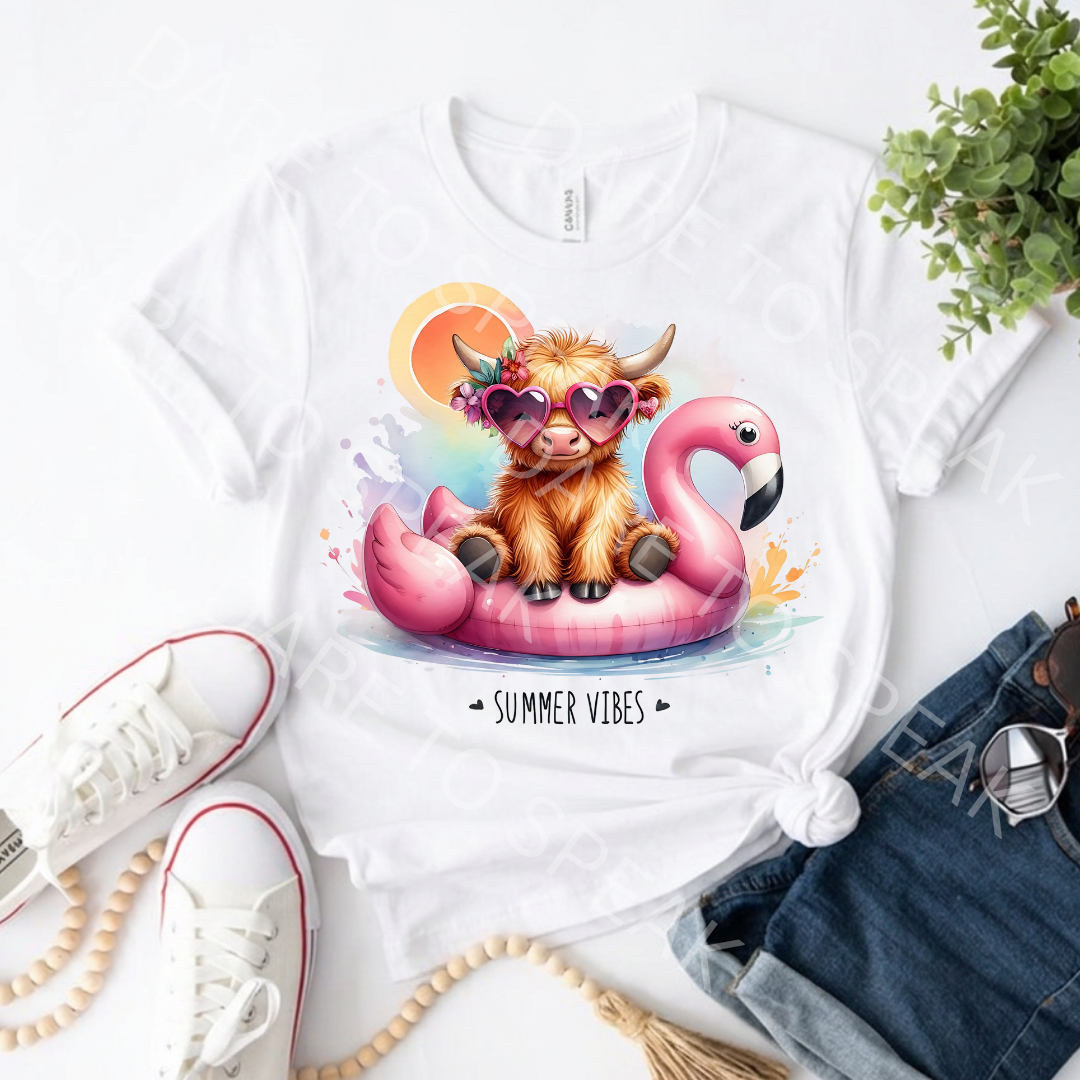 Summer Vibes Highland Cow Flamingo T-shirt mockup